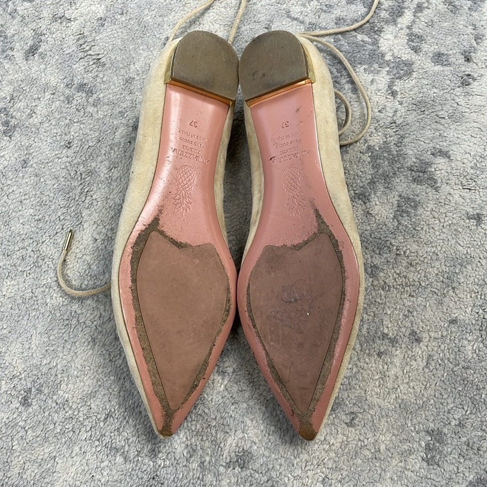 Aquazzura Dalia Pointed Toe Wrap Around Ballet Flats Cream Suede Mesh Sz 37 - Picture 13 of 14